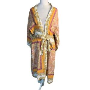Magashoni Women’s Small 100% Linen Colorful Chain Detail Paisley Print Robe